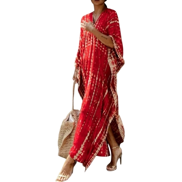 Red Tie Dye Hippie Boho Kaftan Long Loose Maxi Dress Bohemian V Neck Caftan New - Picture 1 of 13